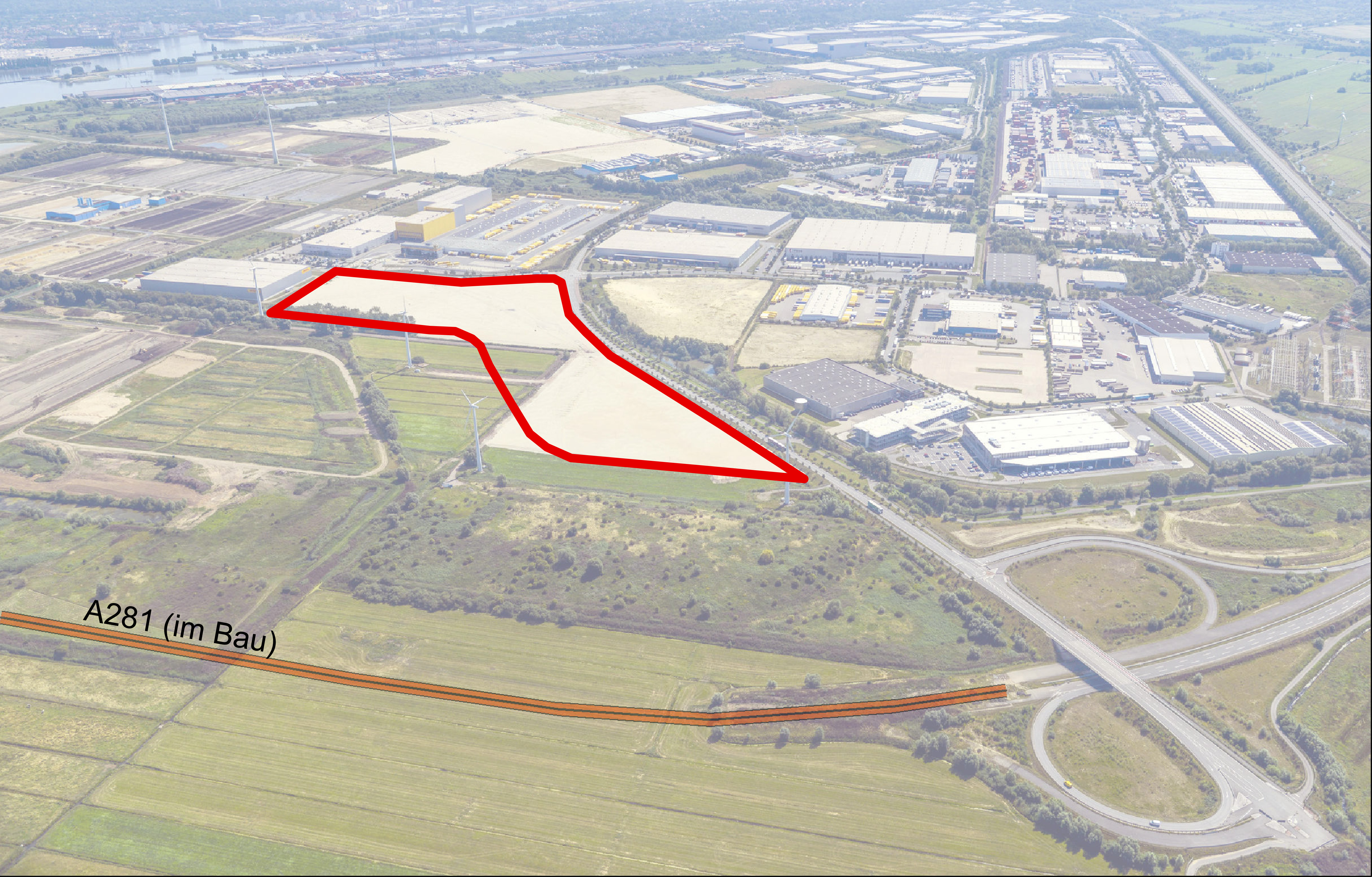 Luftbild des Güterverkehrszentrums Bremen, ein Fläche ist mit einem roten Rand markiert. - Quelle: WFB/Studio B