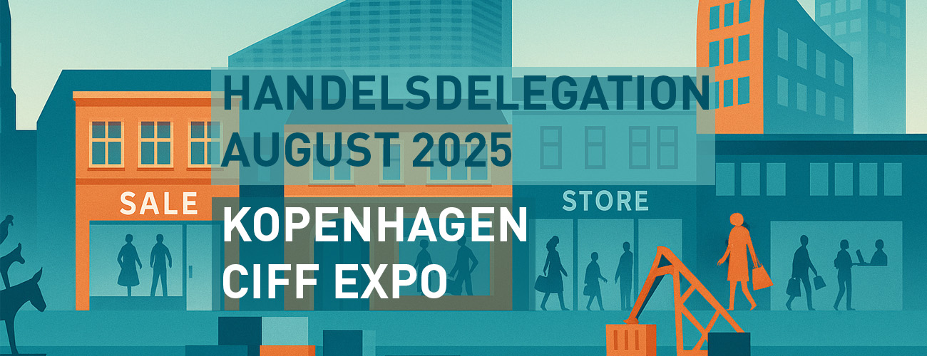 Eine Grafik in Blau und Orange mit Umrissen von einer Innenstadt mit Geschäften. Darauf steht Handelsdelegation 2025 CIFF Kopenhagen - Quelle: WFB/ChatGPT