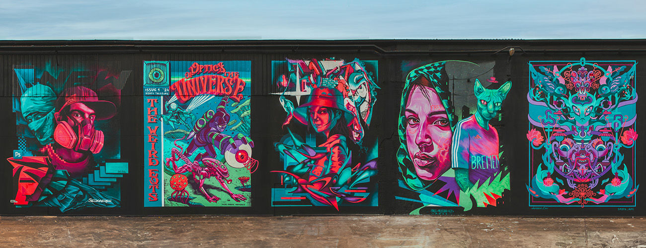 Ein Grafitti bestehend aus mehreren Bildern nebeneinander. Lucky Walls/ Peter Stöcker: luckywalls.de - Quelle: Lucky Walls/ Peter Stöcker: luckywalls.de