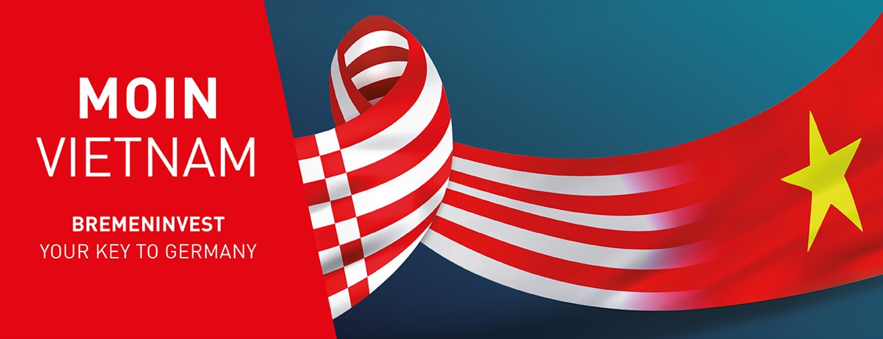 Titelbild für die DEelegationsreise nach Vietnam: Der Slogan lautet Moin Vietnam. Die Bremer Speckflagge fließt über in die vietnamesische Flagge. - Quelle: WFB