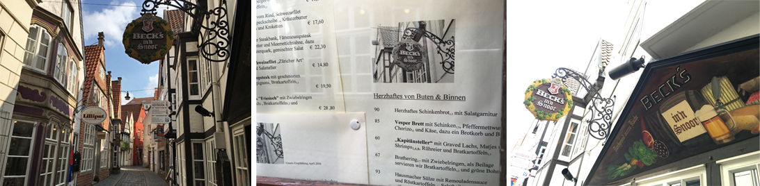 Collage: Restaurantgebäude, Speisekarte und Schild von Becks im Schnoor
