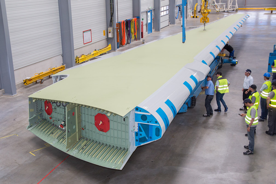 An airplane wing inside of a hangar