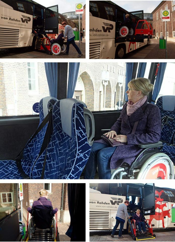 Collage of the process of wheelchair user:in getting on the CityTours bus Collage of the process of wheelchair user:in getting on the CityTours bus