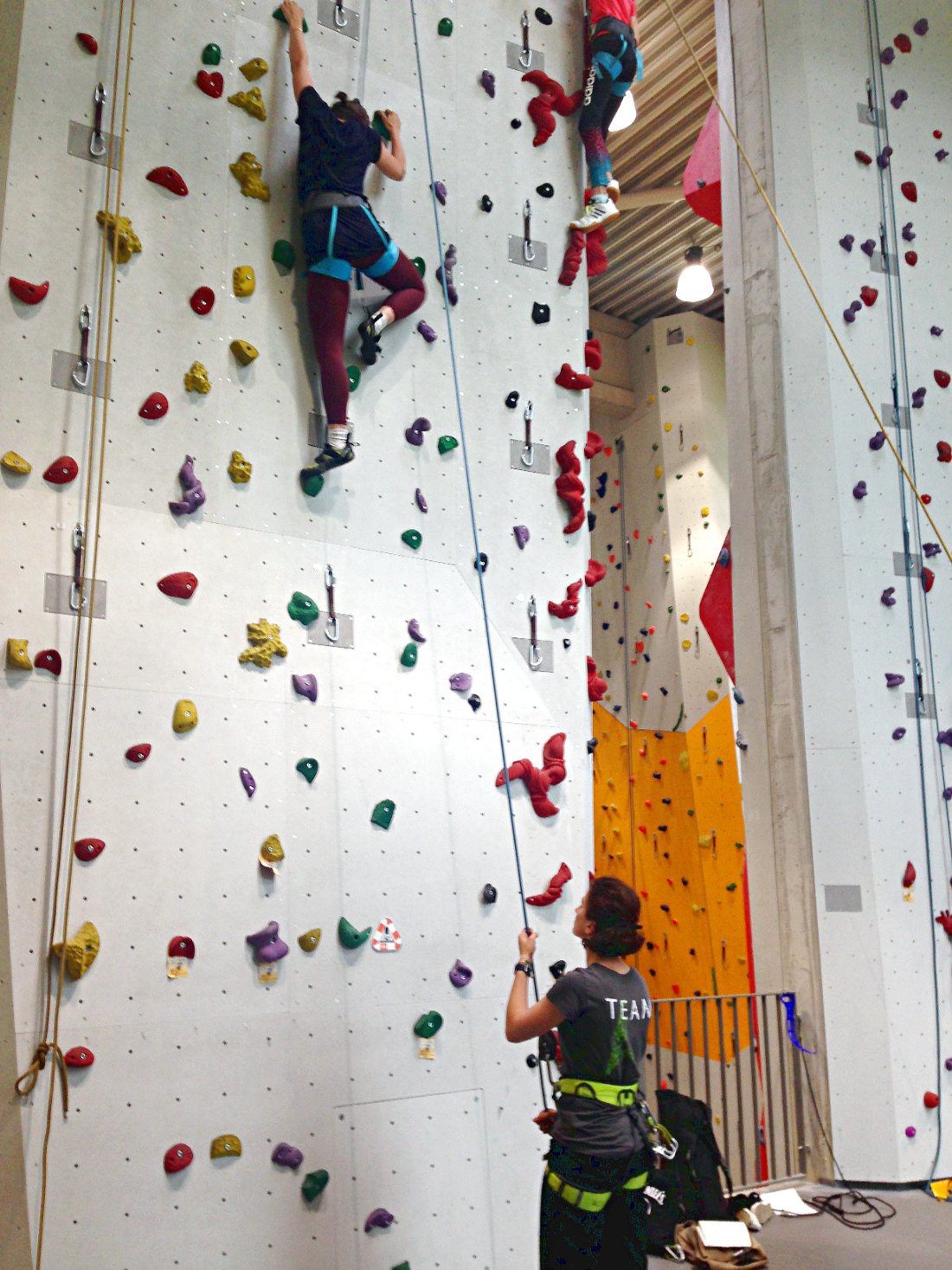 Eine klettert, eine sichert – in der Kletterwand beim DAV Kletterzentrum in Bremen. Eine klettert, eine sichert – in der Kletterwand beim DAV Kletterzentrum in Bremen.
