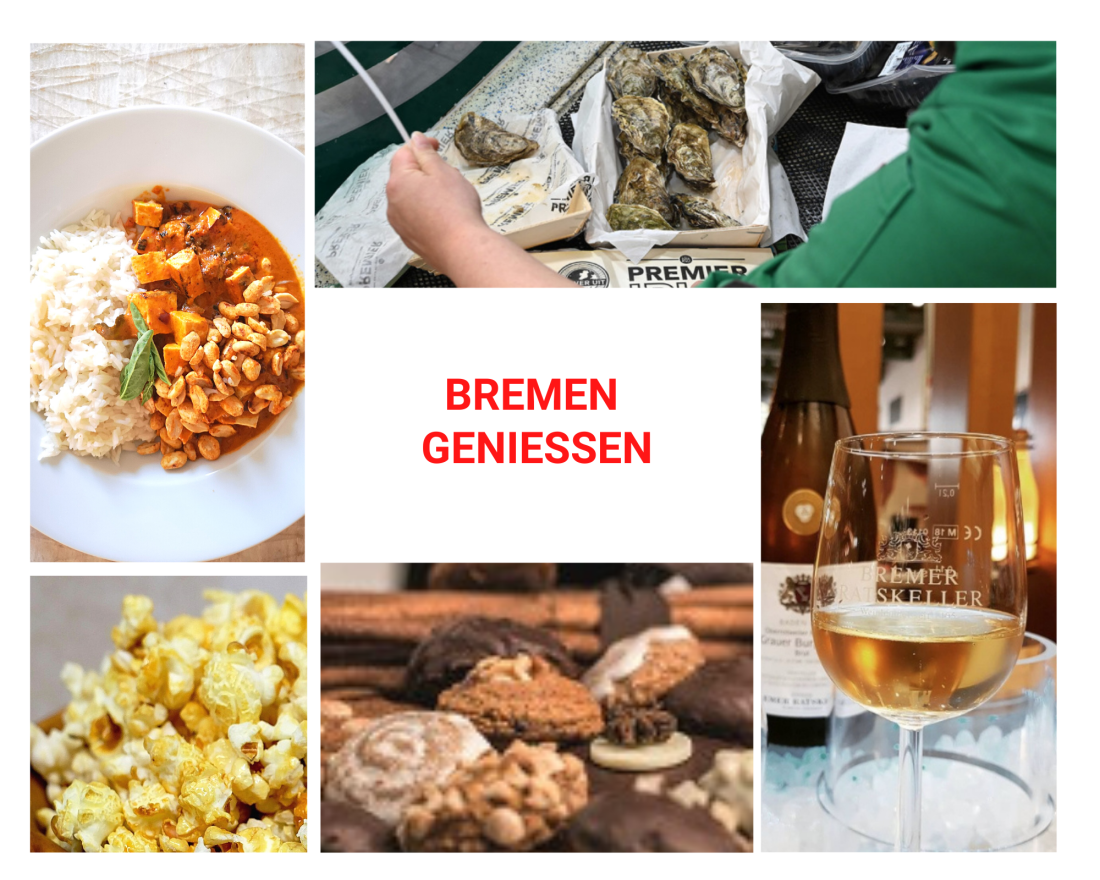 Eine Fotocollage verschiedener Lebensmittel: ein Currygericht mit Reis, Austern, Popcorn, Lebkuchen und Wein. In der Mitte des Bildes steht "Bremen genießen"