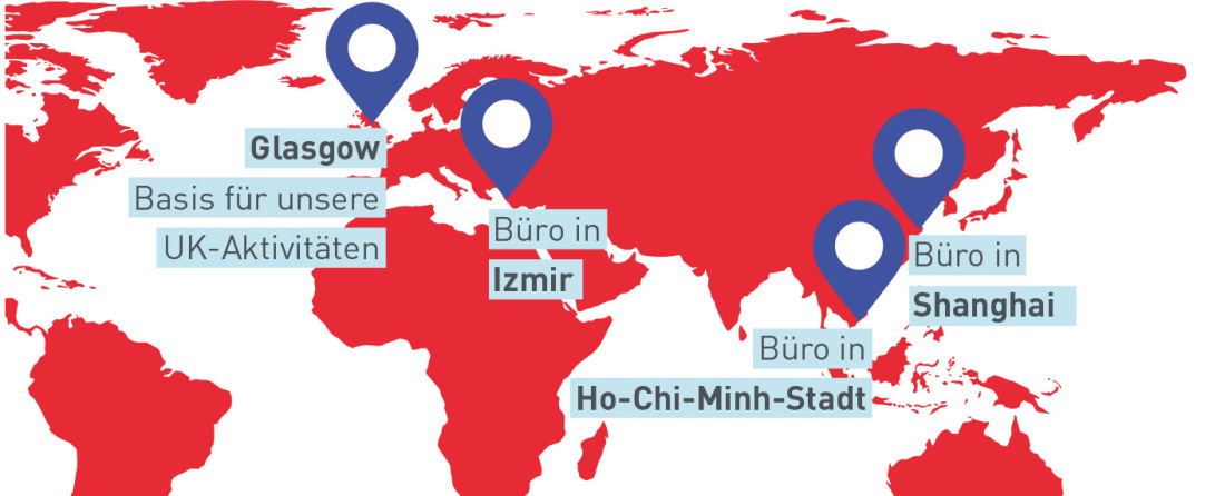 Auf einer Weltkarte sind die internationalen Büros der WFB eingezeichnet.