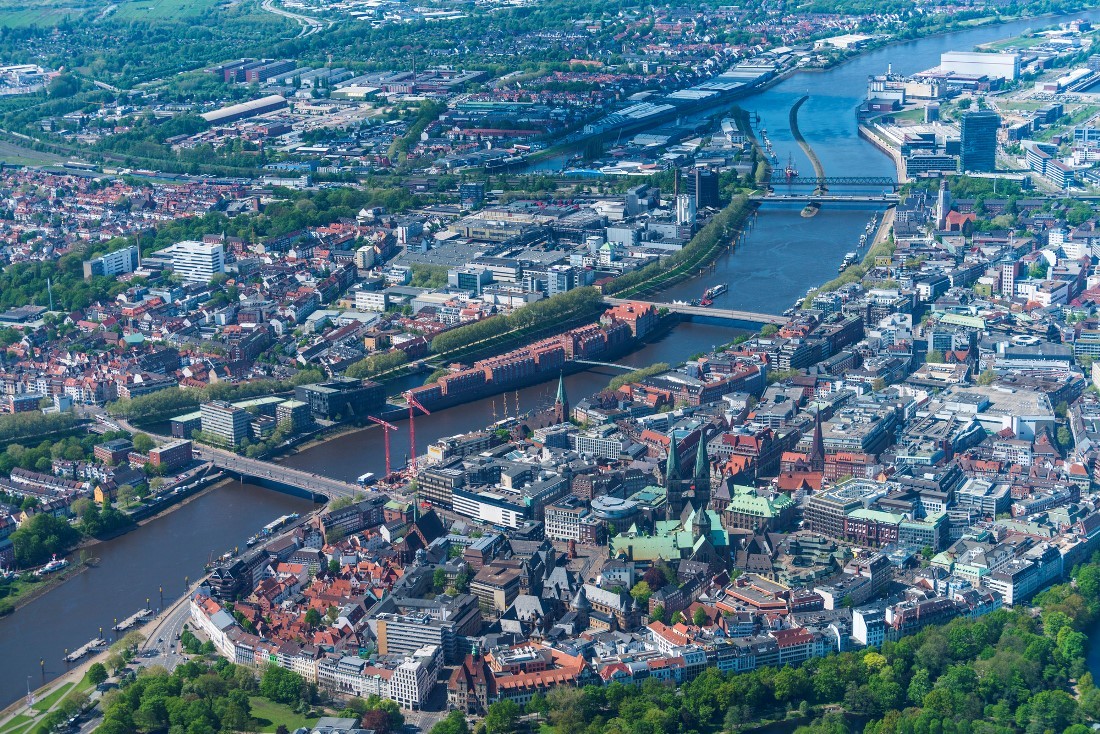 Aerial view of Bremen's city centre in 2018