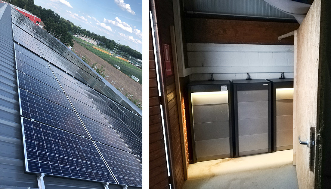 Solarzellen auf dem Dach des Bremer Hockeyklubs speisen die Speicheranlage mit Solarstorm