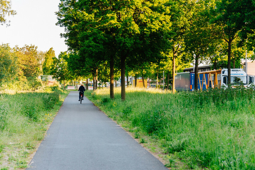 Ein Fahrradfahrer auf dem Fahrradweg im Gewerbepark Hansalinie Ein Fahrradfahrer auf dem Fahrradweg im Gewerbepark Hansalinie