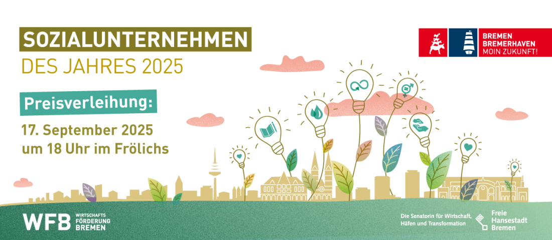 Die Überschrift ist oben links  und lautet "Sozialunternehmen des Jahres 2025". Darunter befindet sich der Text: "Preisverleihung: 17. September 2025 um 18 Uhr im Frölichs". Im Hintergrund ist eine Zeichnung der Skyline Bremens. 