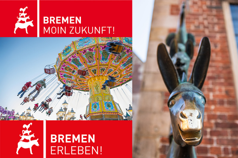 Eine Bildercollage: links ein Bild von einem Karussell auf dem Freimarkt, rechts daneben ein Bild der Stradtmusikanten.