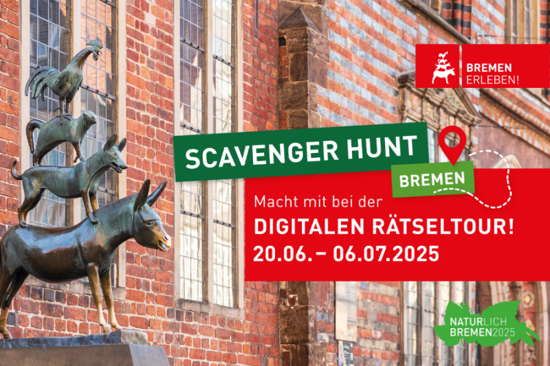 Logo der Scavenger Hunt Bremen 2025: Bunte, verspielte Schriftzüge „Scavenger Hunt“ und „Bremen 2025“ auf weißem Hintergrund, darüber eine stilisierte Lupe mit Fußspuren – Symbol für eine digitale Schnitzeljagd.