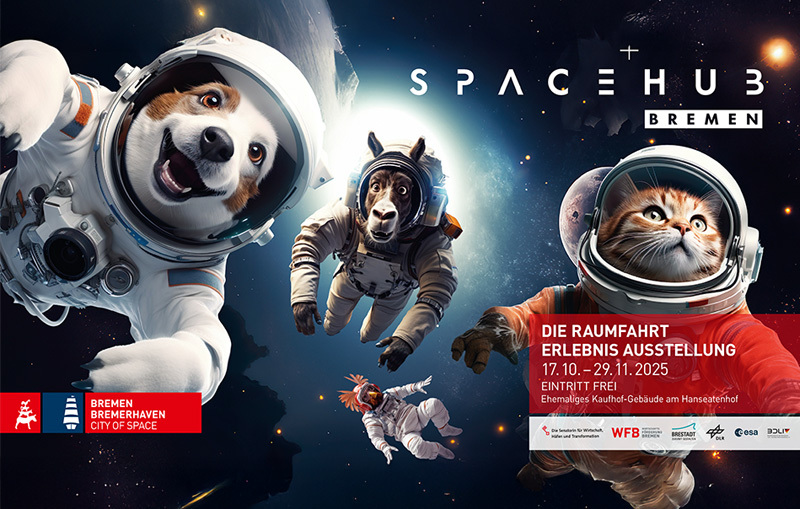 Ein KI-generiertes Bild mit den Bremer Stadtmusikanten als Astronauten, fliegend im Weltall.