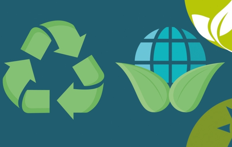 Recycling-Symbol mit Erdkugel unter der Blätter sind in Grün 