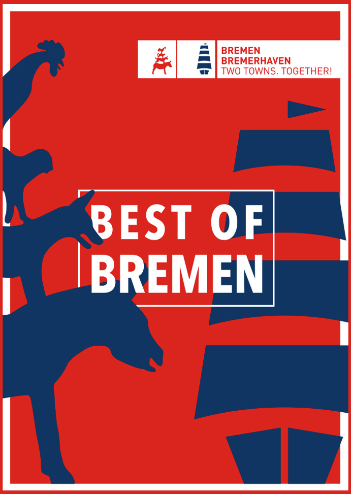 Cover of the “Best of Bremen” brochure. Red background with dark blue outlines of the Bremen Town Musicians and a sailing ship.