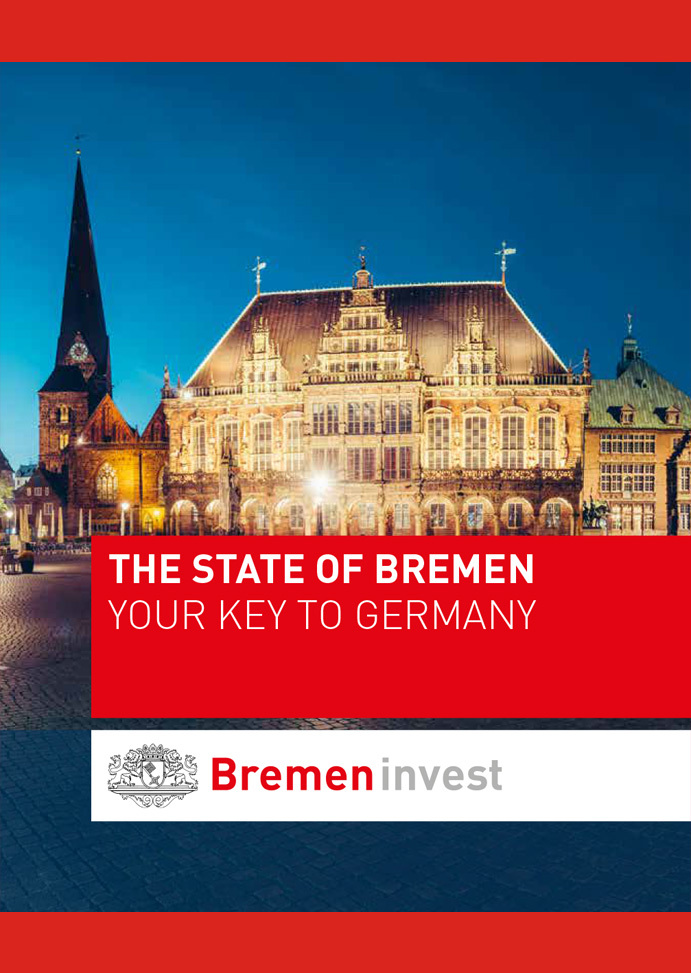 Cover of the English brochure “Your Key to Germany.” The title appears on a photo of Bremen’s market square. The town hall is visible in the background.