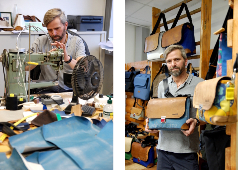 Uwe Arndt in seiner Werkstatt: Hier entstehen Taschen aus Recycling-Materialien