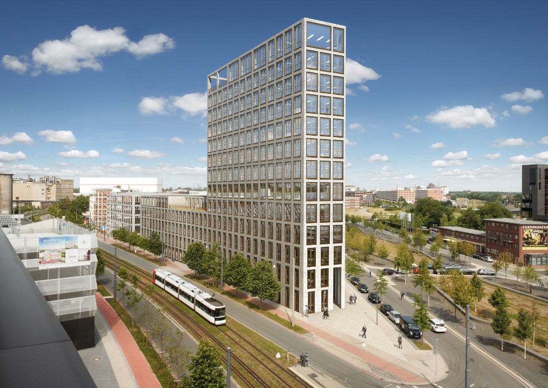 Das 47 Meter hohe Gebäude "Böhmers Spitze", das gerade in der Überseestadt gebaut wird. Das 47 Meter hohe Gebäude "Böhmers Spitze", das gerade in der Überseestadt gebaut wird.