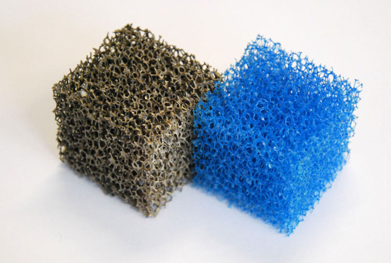 Before and after: the metal foam is manufactured using PU foam