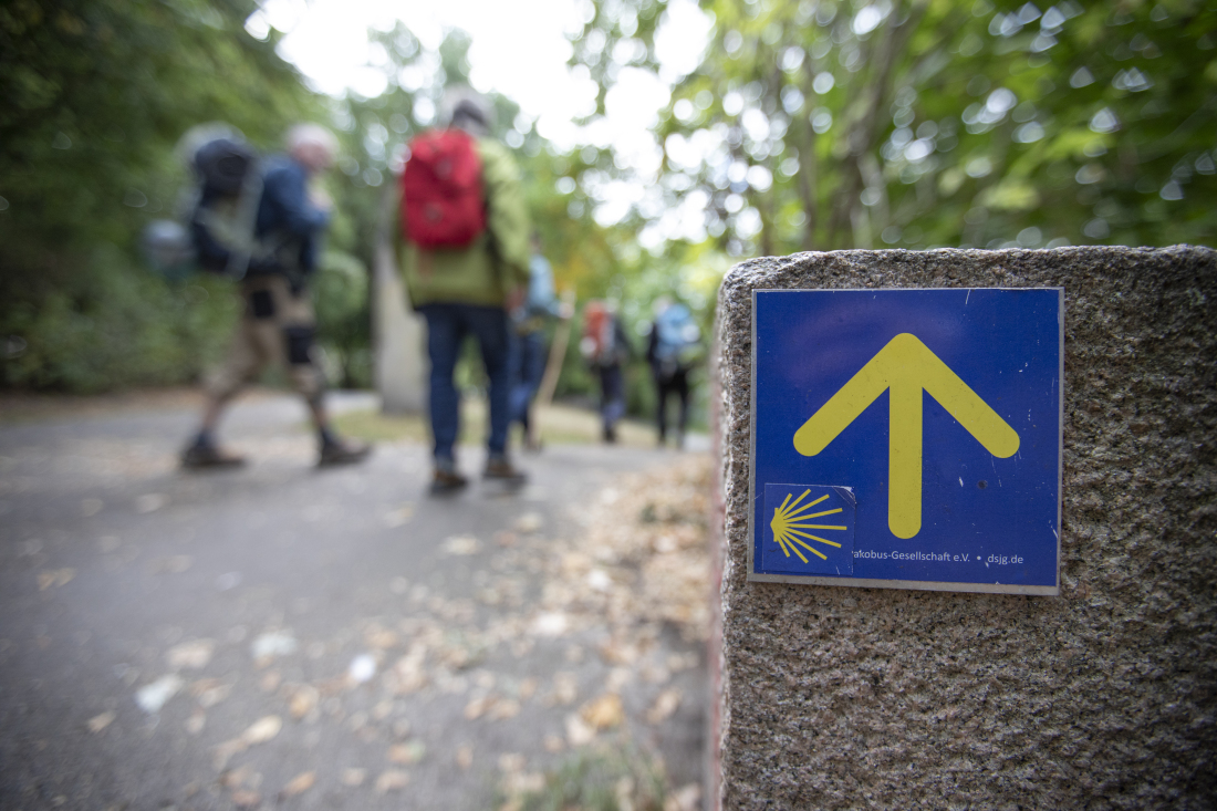 Wegweiser mit der stilisierten Jakobsmuschel 