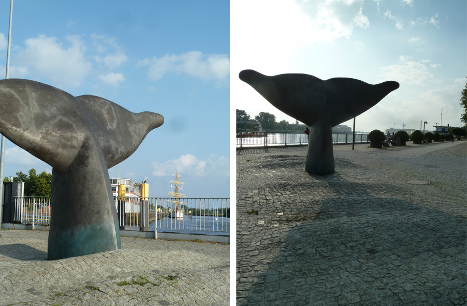 Collage: Walflossen-Skulptur in Vegesack