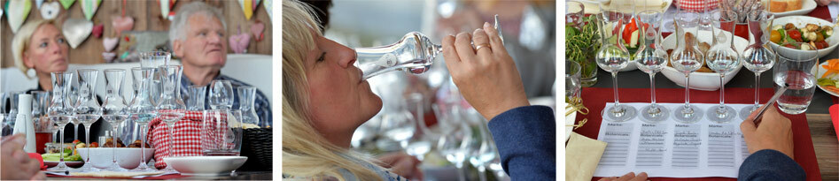 Collage: Teilnehmende beim Gin-Tasting und Gin-Gläser mit Notizzettel