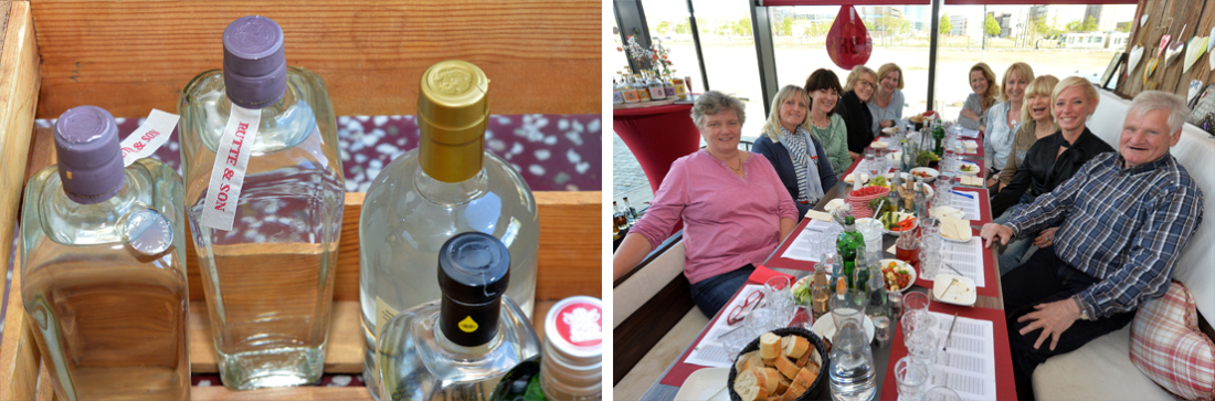 Collage: Gin-Flaschen und Teilnehmende des Gin-Tastings