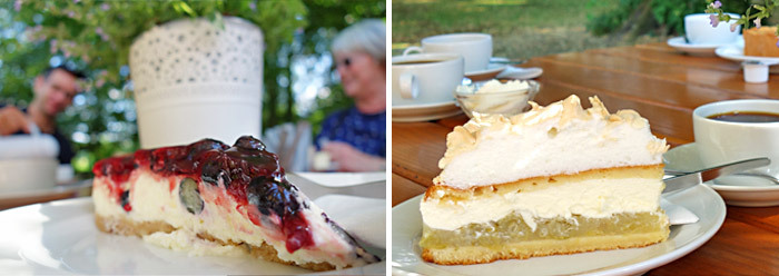 Collage: Kaffee und Kuchen in Bruns Garten