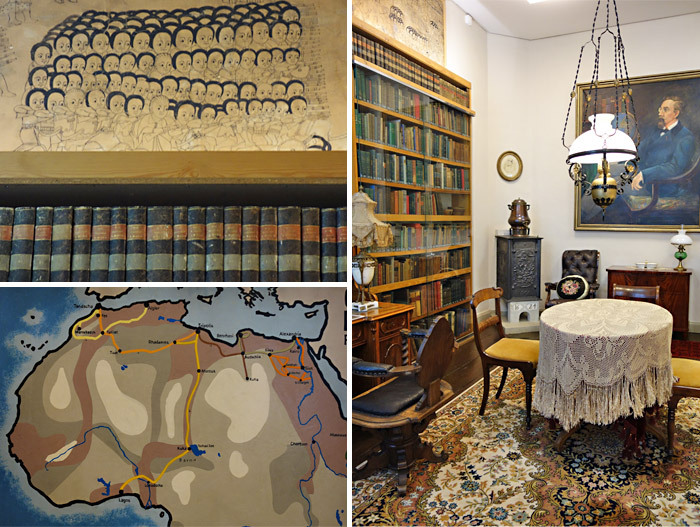 Collage: Bücherregale und Landkarten im Büro des Herrn Rohlfs.