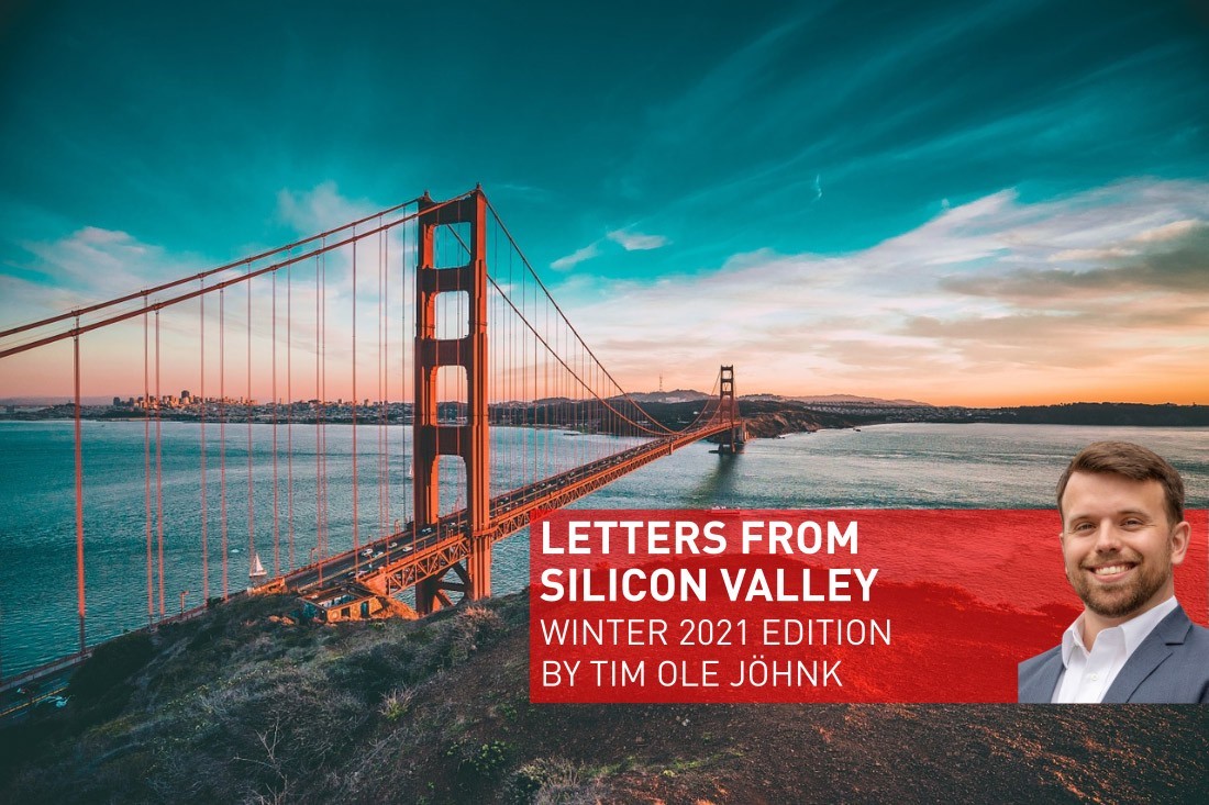 Letters from Silicon Valley Winter Edition 2021, in the background is the Golden Gate Bridge. 