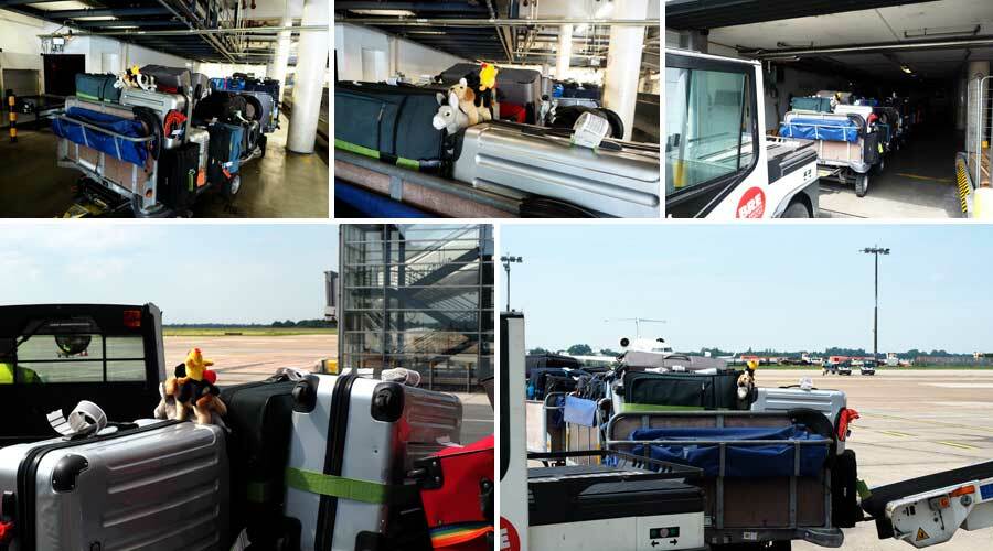 Collage: Die Koffer werden zum Flugzeug transportiert
