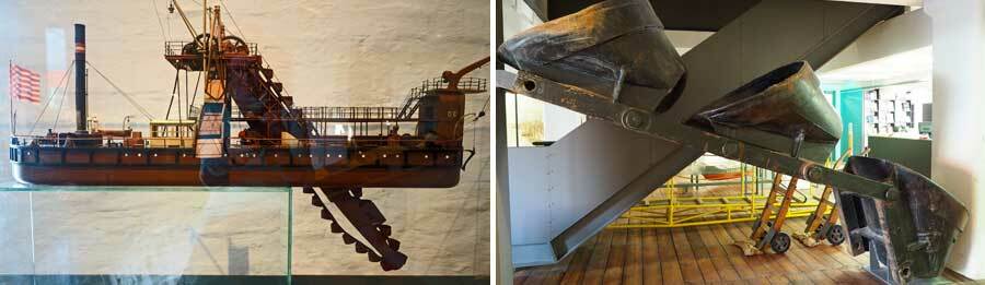 Collage: model and sample of a sand shovel in the museum