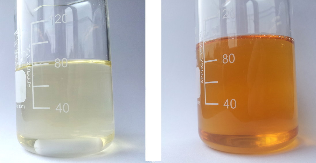 Der neue Schmierstoff, in seiner unverdünnten Form (rechts) und in seiner Einsatzkonzentration (links)