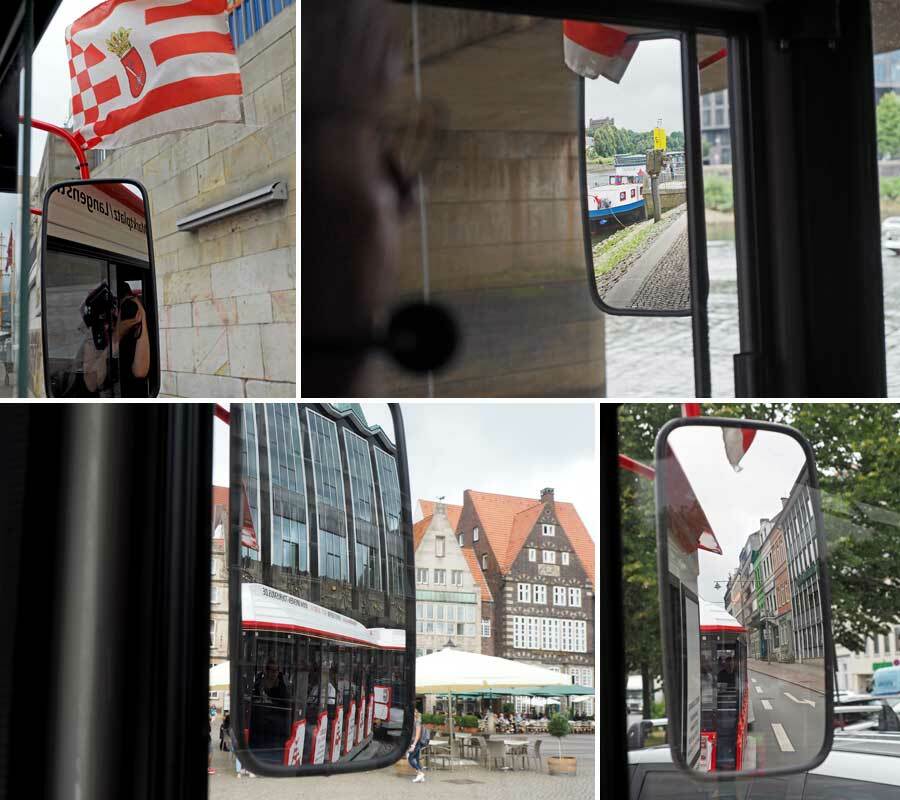 Collage: Blick in den Rückspiegel des Stadtmusikanten-Express