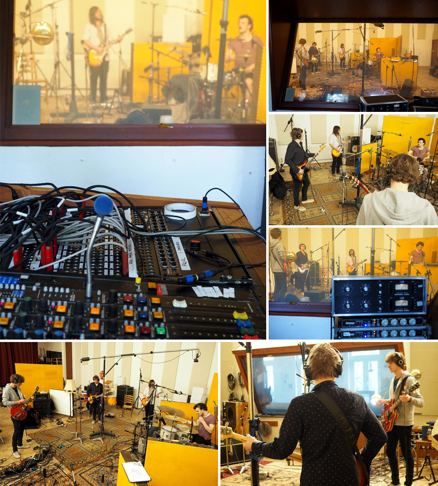 Collage: Mischpult und Musiker im Studio