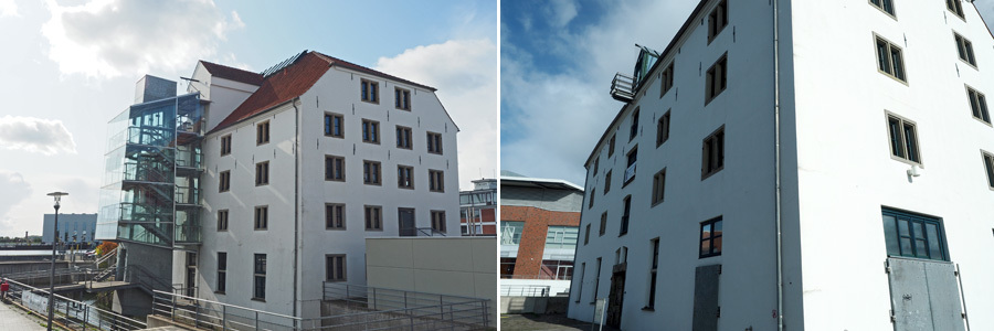 Collage: Außenansicht des Gebäude des Vegesacker Geschichtenhauses