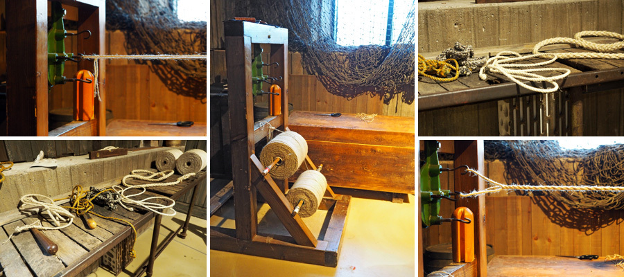Collage: Herstellung von Seilen in der Ausstellung