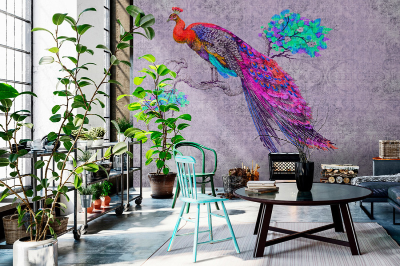 The peacock on the wall: the design team always showcases its wallpaper and carpets in context and with suitable furniture.