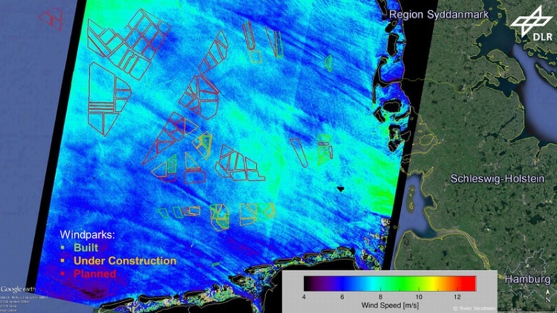 Windfeld über der Deutschen Bucht auf Basis von Aufnahmen des ESA Satelliten Sentinel-1 vom 05. Juni 2015 Windfeld über der Deutschen Bucht auf Basis von Aufnahmen des ESA Satelliten Sentinel-1 vom 05. Juni 2015